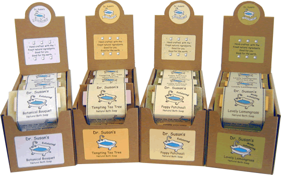 Display boxes of Dr. Susan's Soaps